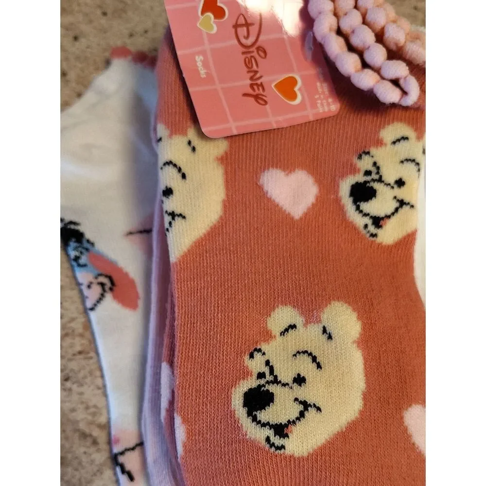 Disney Pink‎ White Winnie the Pooh 5 Pairs Ruffled Ankle Socks NWT